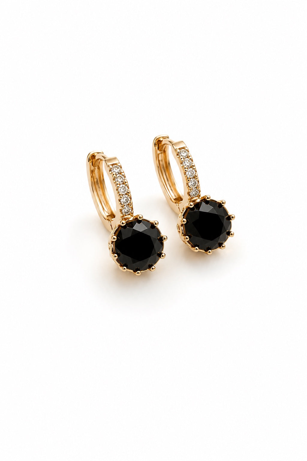 18k gold-plated earrings with black zirconia on a white background