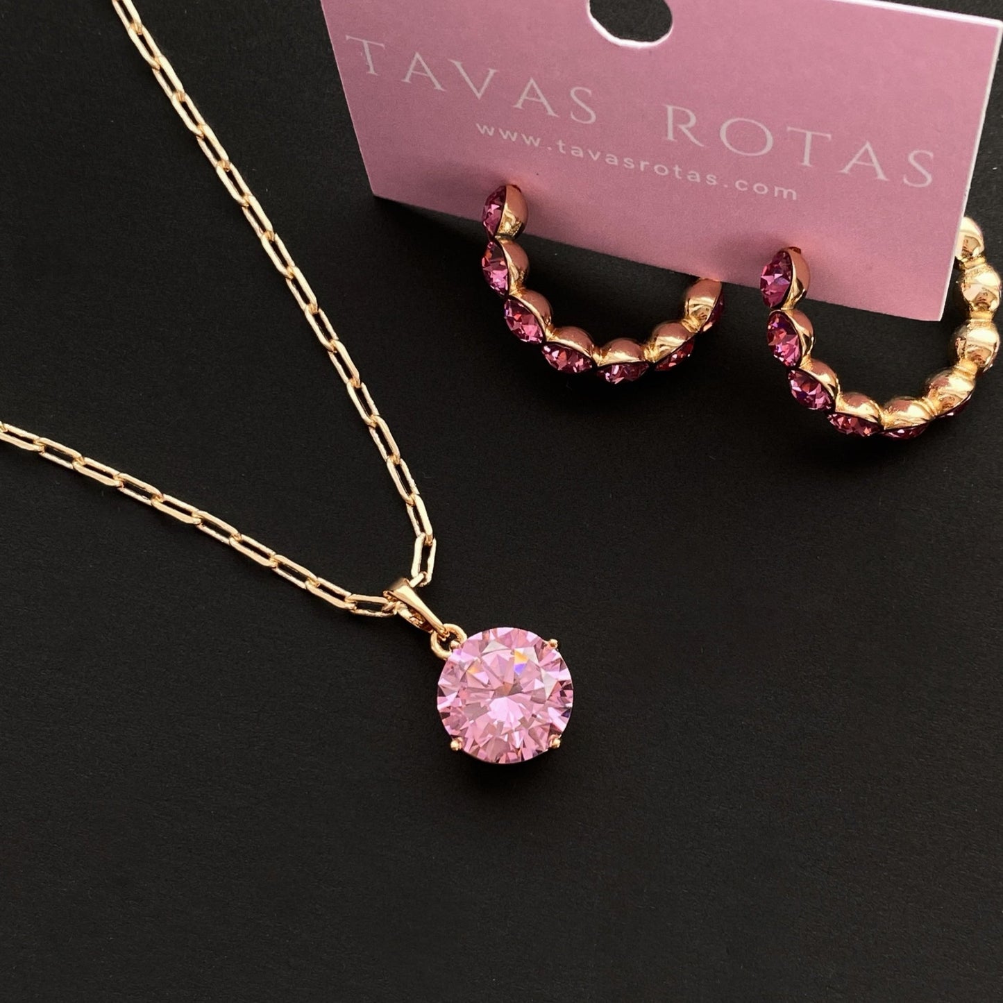 Gold plated necklace with large pink crystal - 18k - gold plated - jewelry