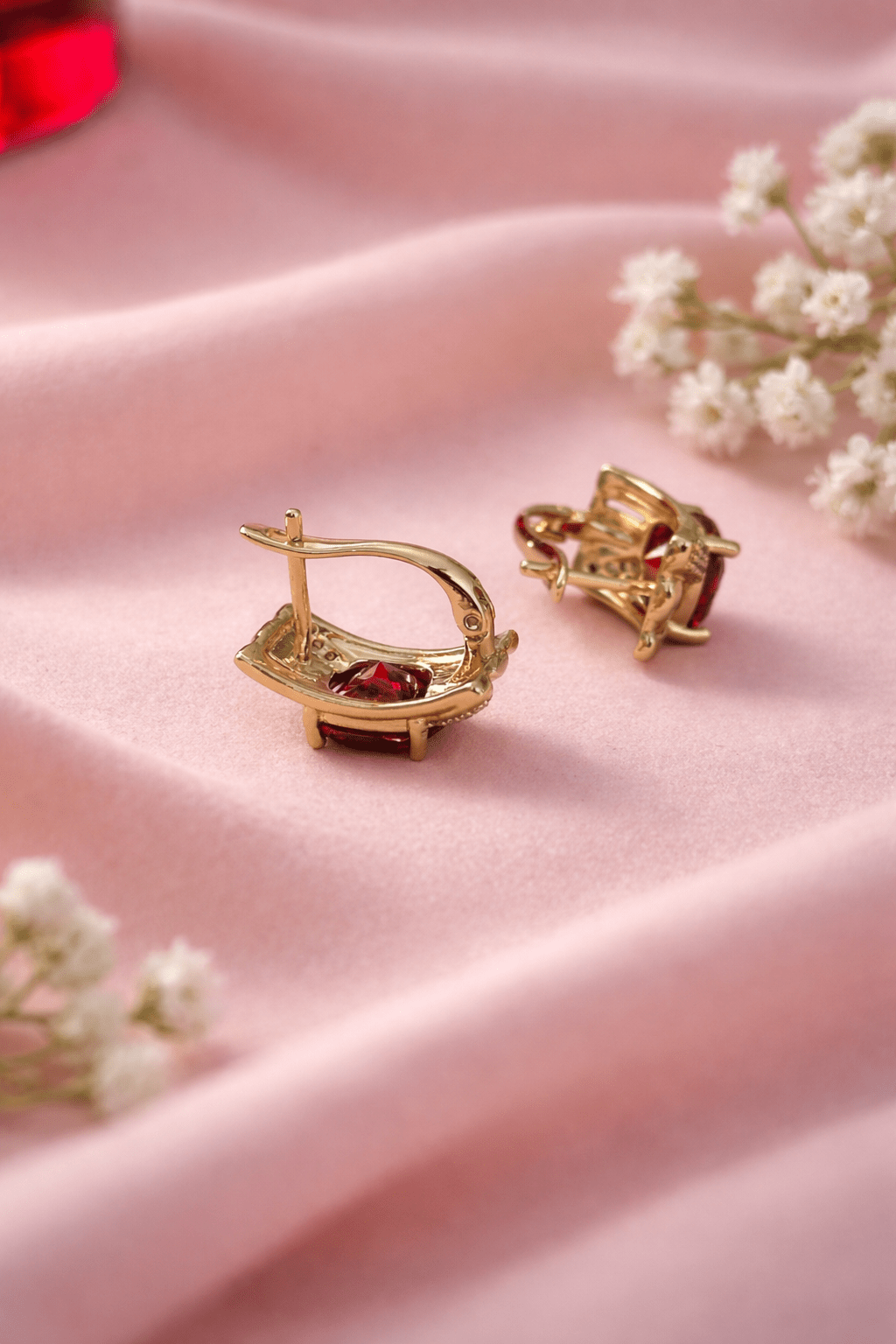 Gold-plated earrings with red zirconia - 18k - gold-plated - jewelry