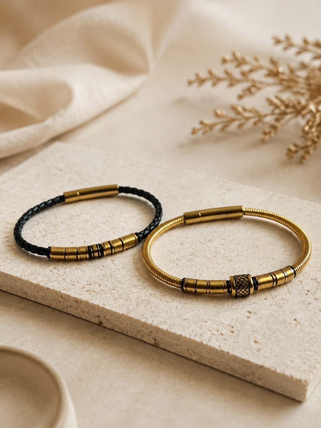 Men's stainless steel bracelets in black and gold tone