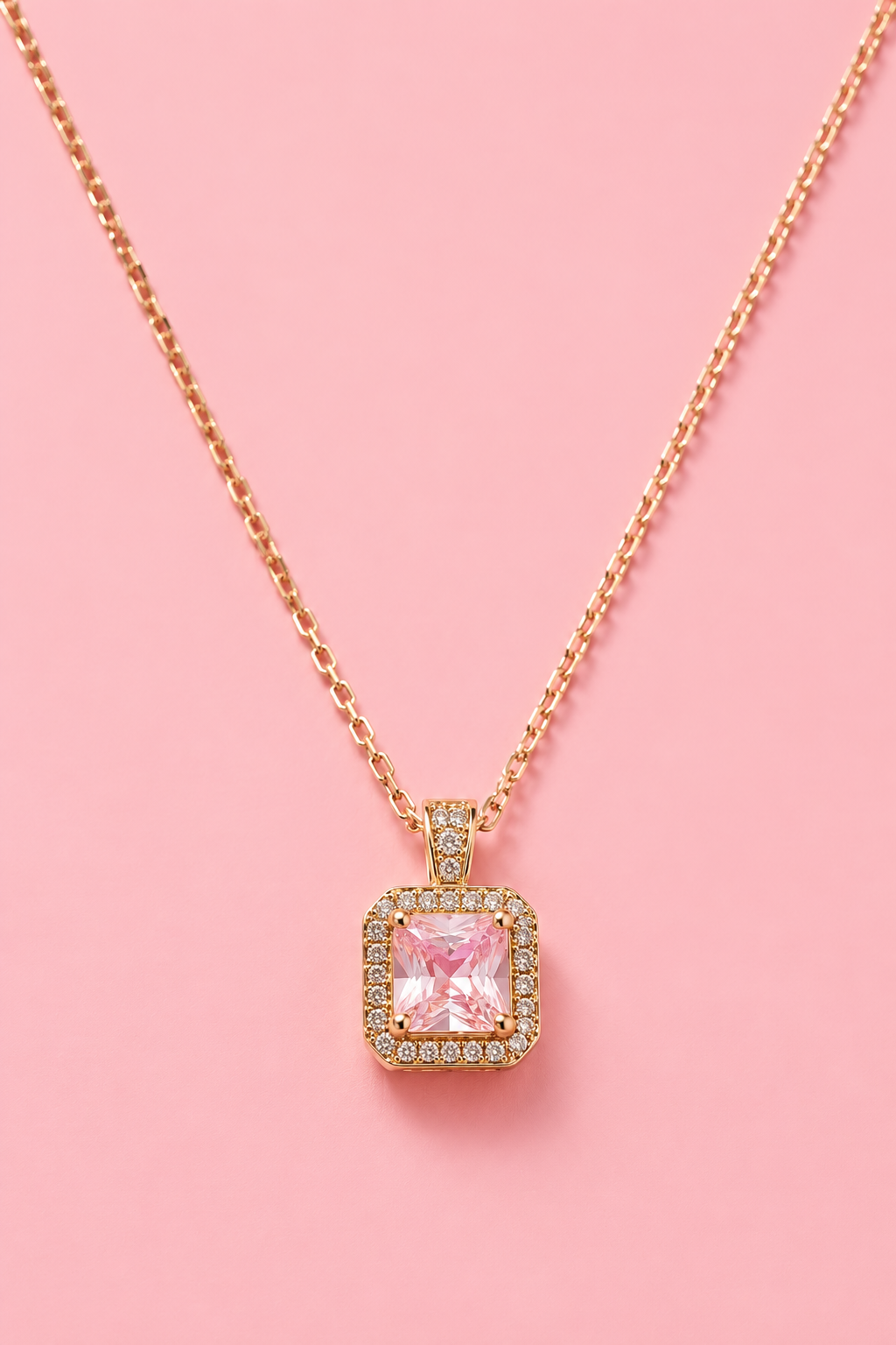 18k gold plated necklace with square pendant and pink zirconia