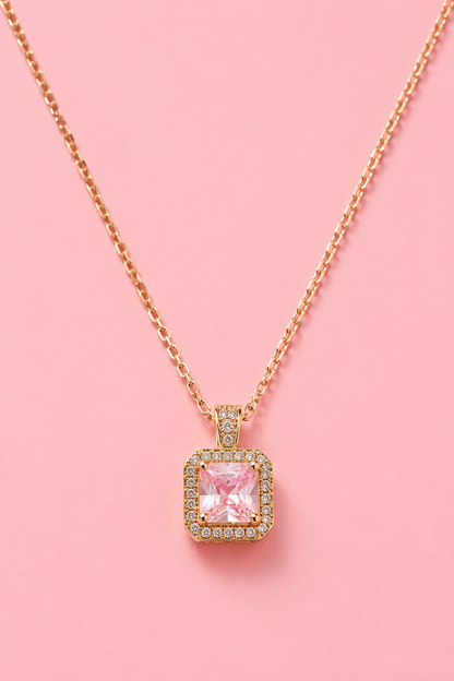 18k gold plated necklace with square pendant and pink zirconia