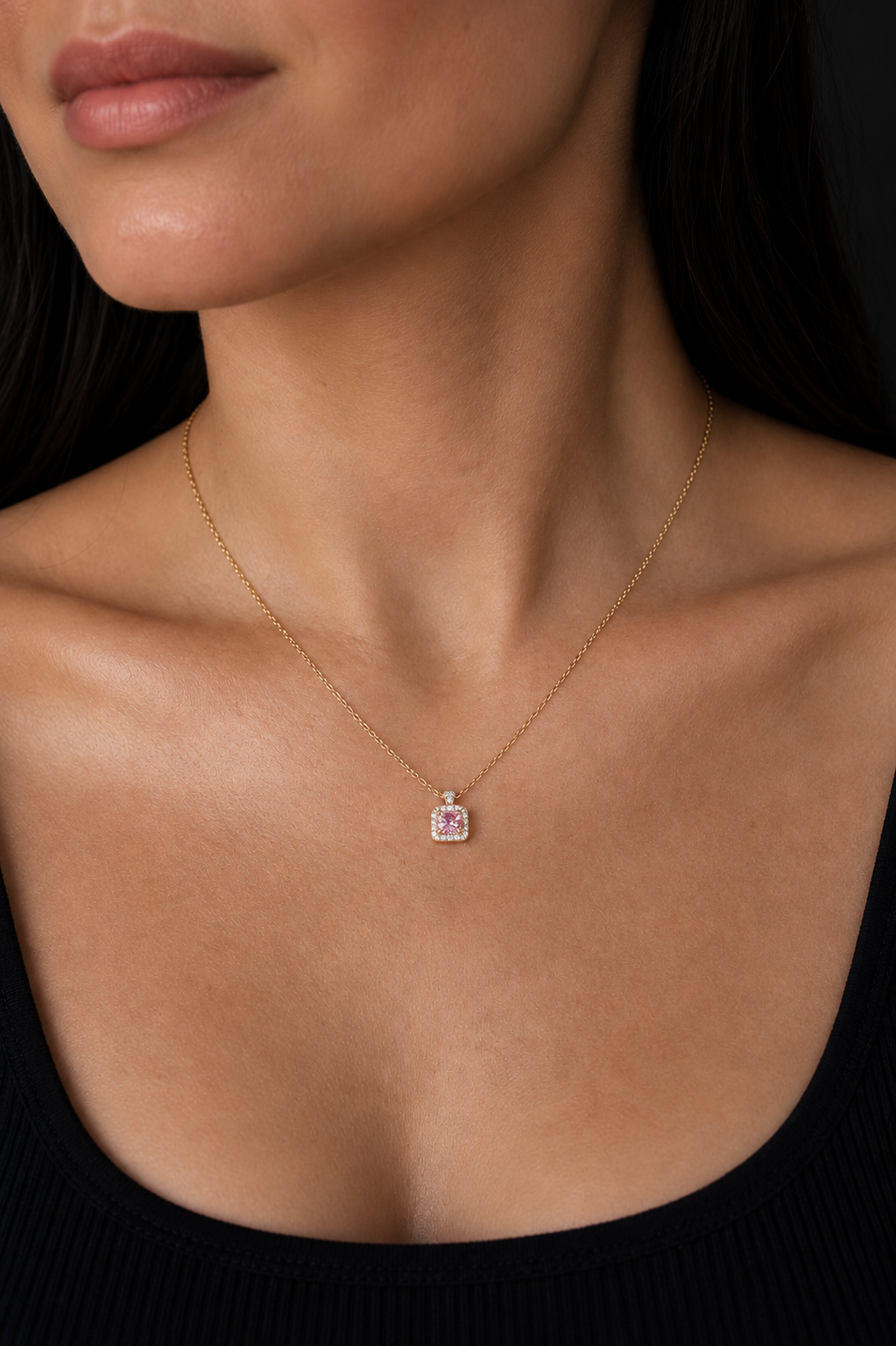 18k gold plated necklace with pink square pendant on model