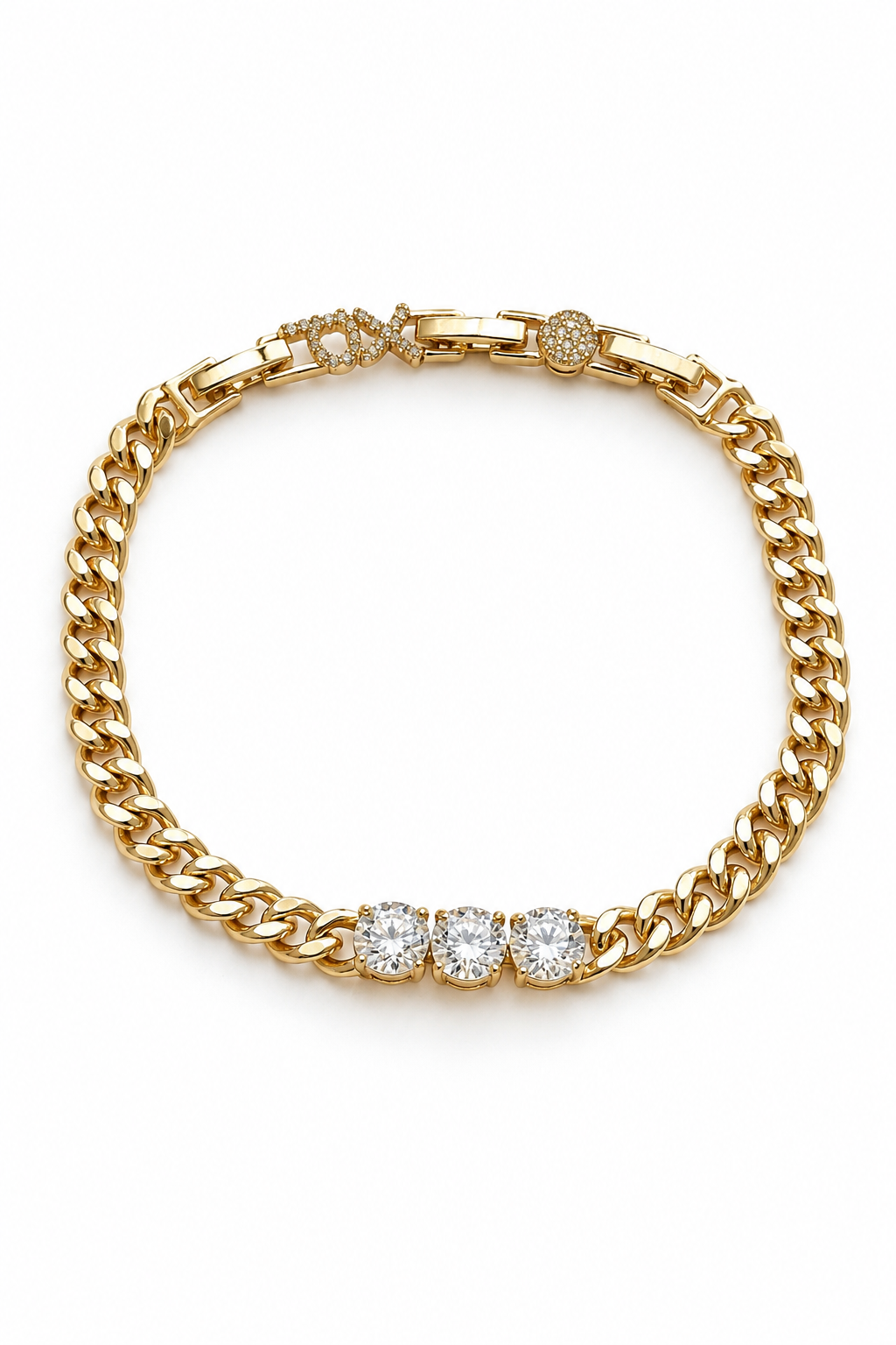 18k gold-plated chain bracelet with three clear cubic zirconias on a white background