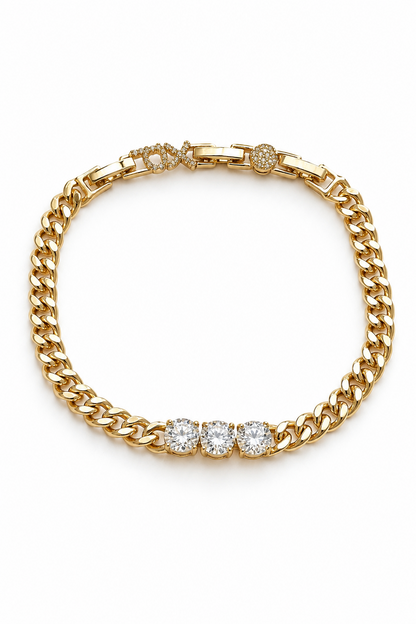 18k gold-plated chain bracelet with three clear cubic zirconias on a white background