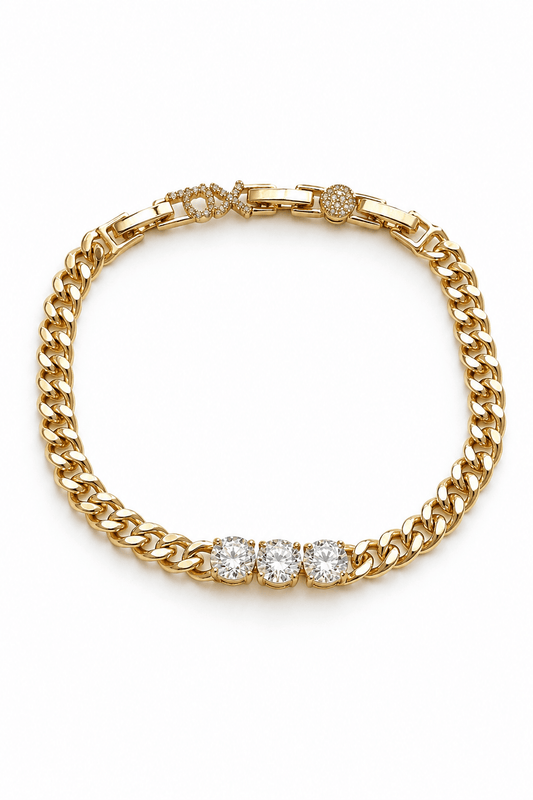 18k gold-plated chain bracelet with three clear cubic zirconias on a white background