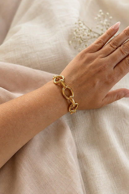 18k gold-plated expressive link bracelet on the hand in a light interior