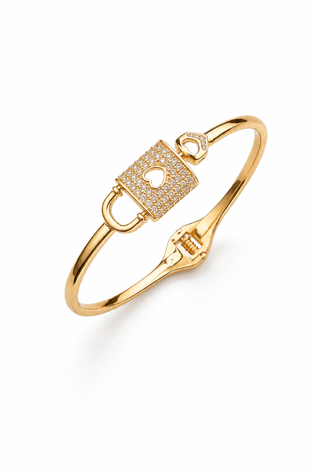 18k gold plated solid bracelet with lock and heart design on white background