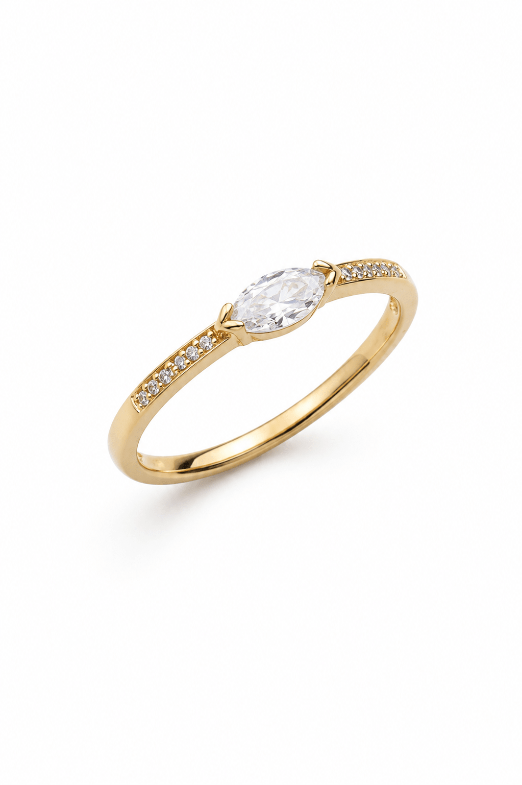 18k gold-plated delicate ring with marquise-shaped cubic zirconia on a white background