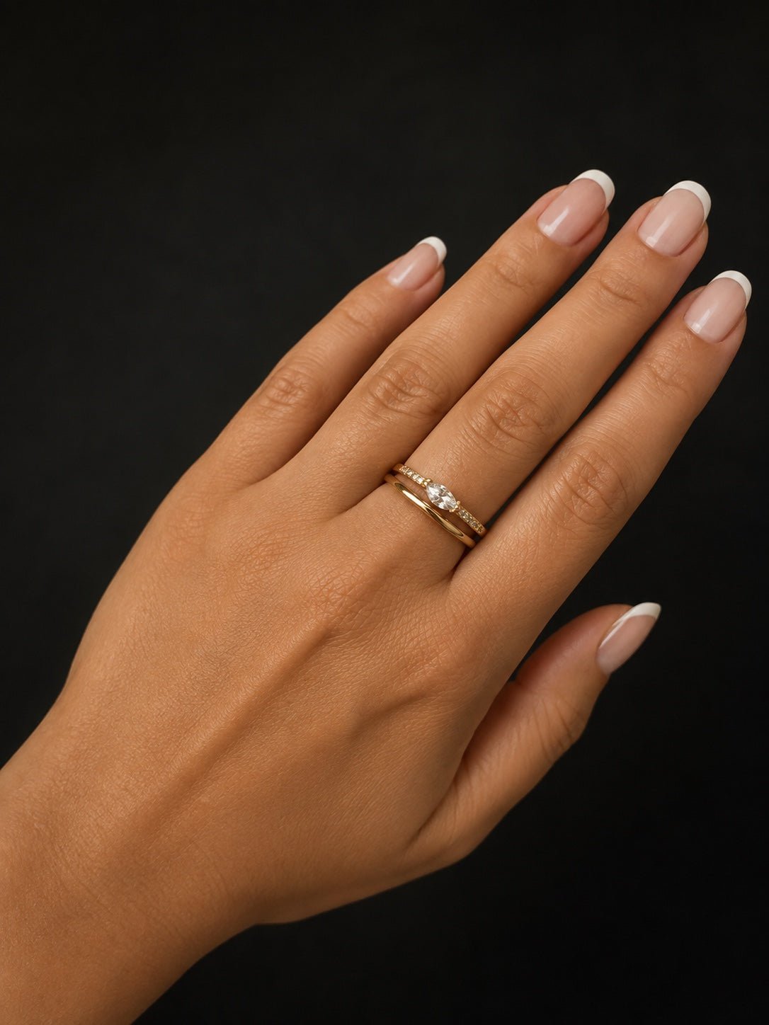 18k gold-plated delicate ring with marquise-shaped cubic zirconia in combination with another ring
