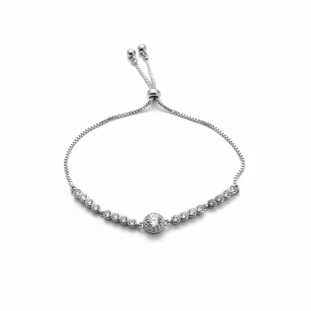 Silver plated adjustable bracelet with round crystal - 18k - gold plated - jewelry