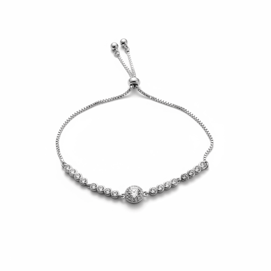 Silver plated adjustable bracelet with round crystal - 18k - gold plated - jewelry