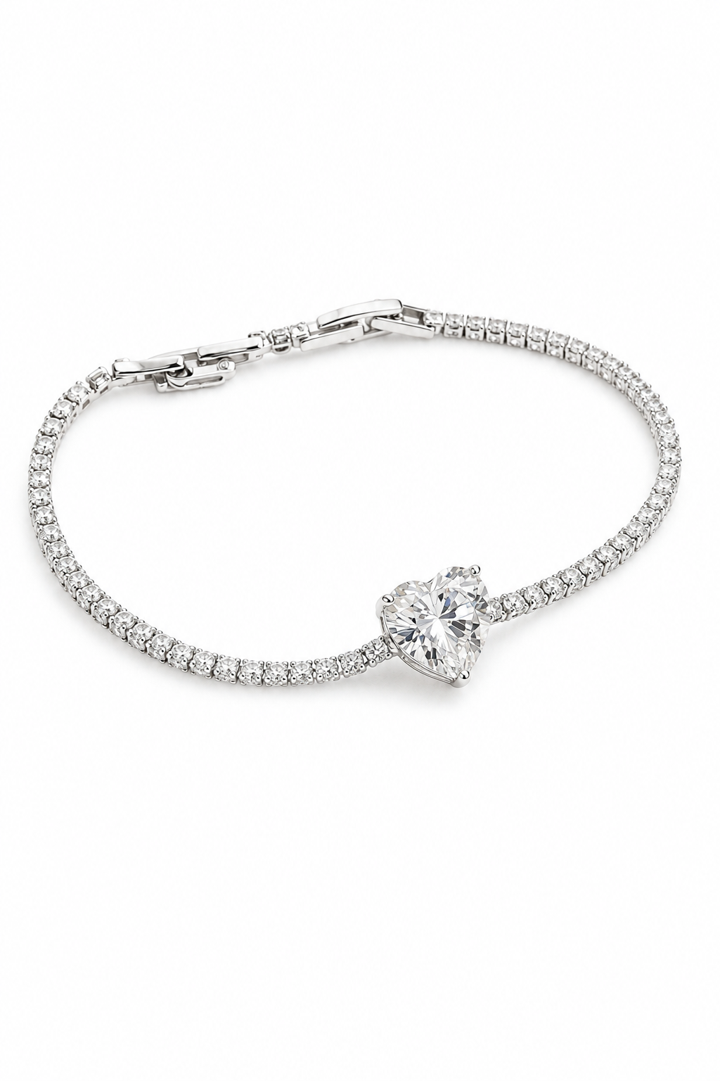 Silver-plated bracelet with a heart-shaped crystal on a white background