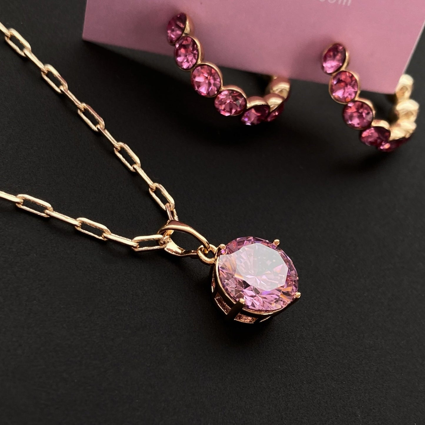 Gold plated necklace with large pink crystal - 18k - gold plated - jewelry