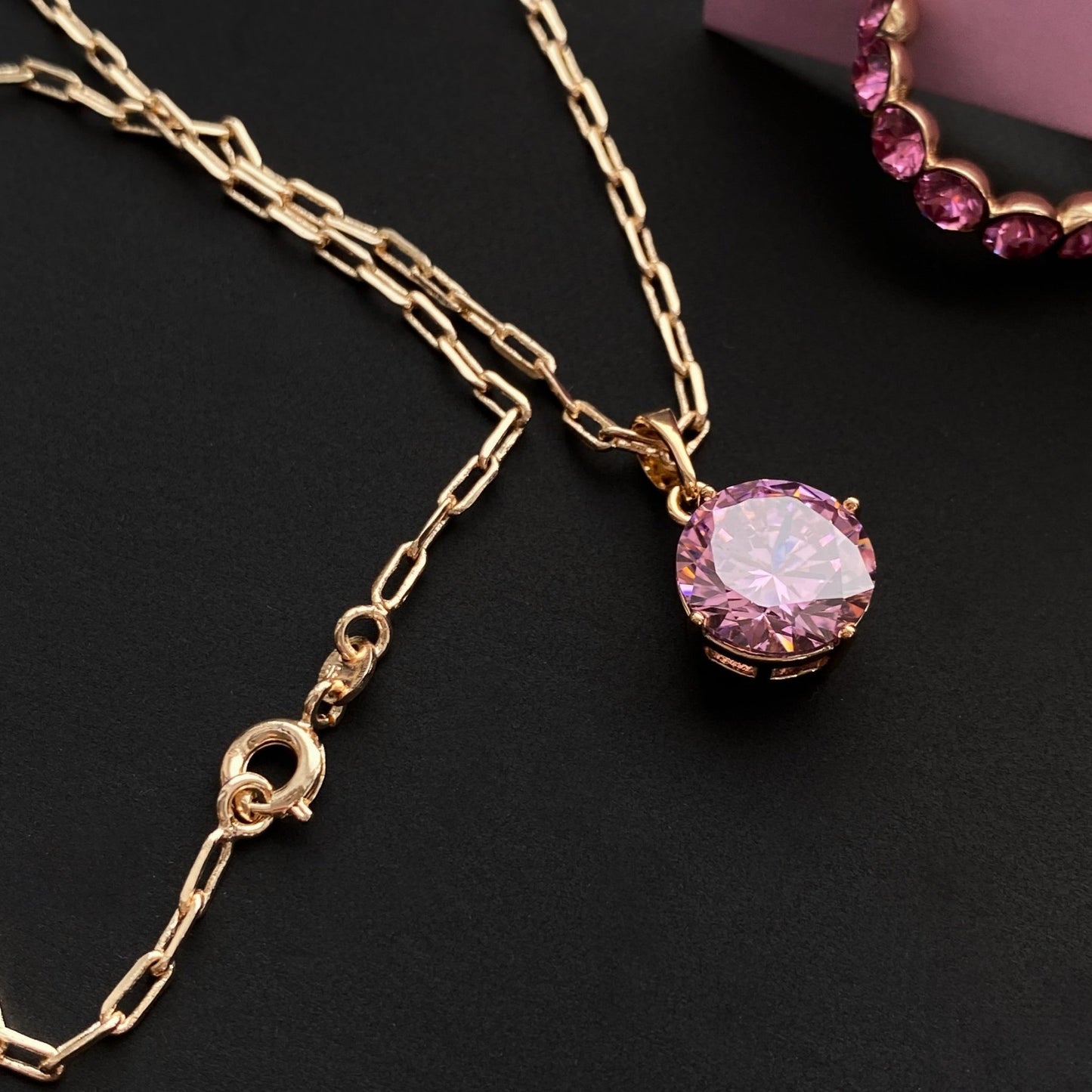 Gold plated necklace with large pink crystal - 18k - gold plated - jewelry