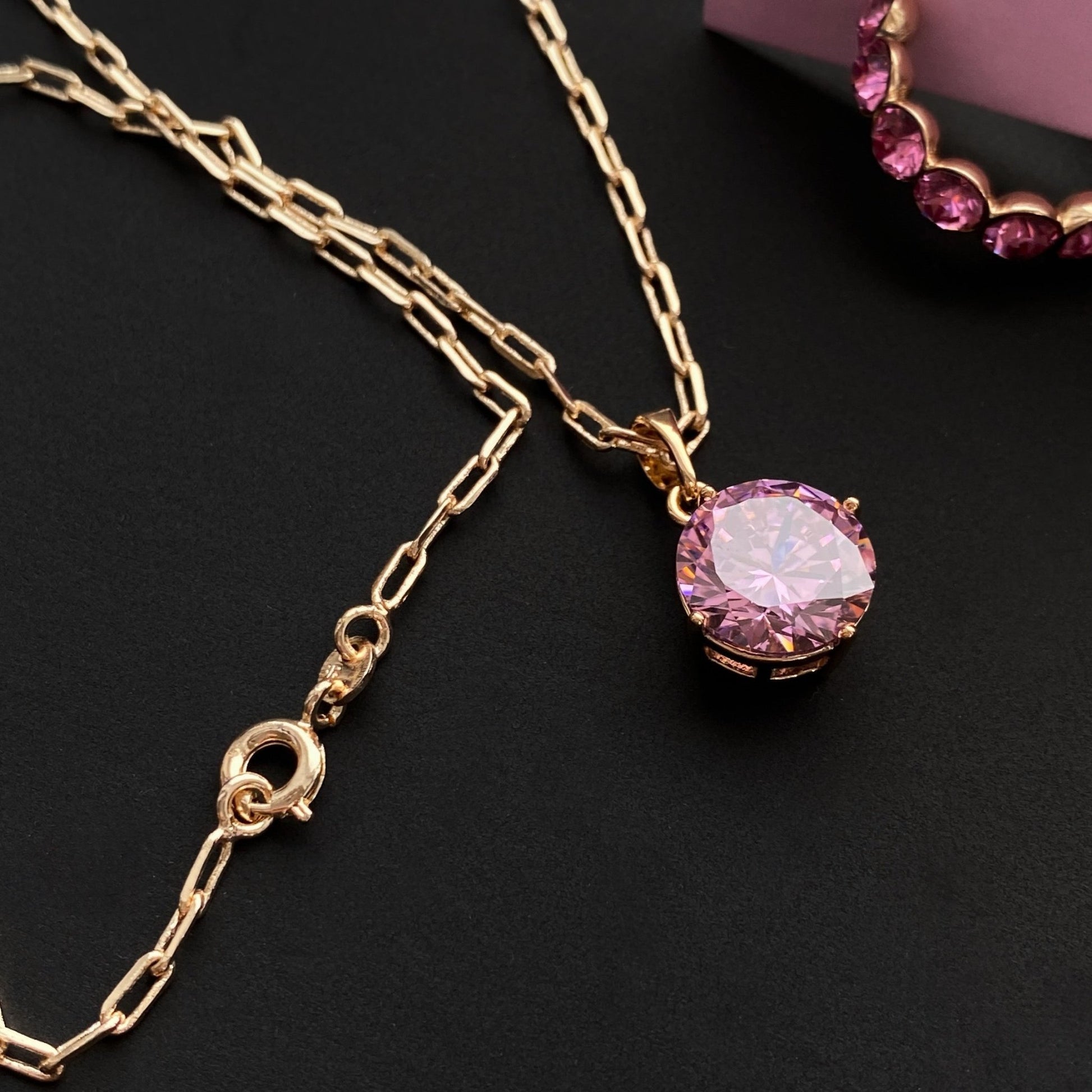 Gold plated necklace with large pink crystal - 18k - gold plated - jewelry