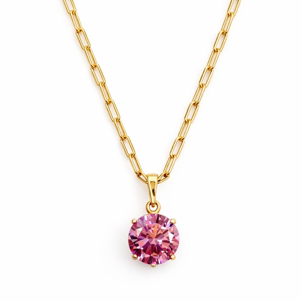 Gold plated necklace with large pink crystal - 18k - gold plated - jewelry