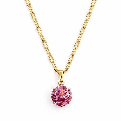 Gold plated necklace with large pink crystal - 18k - gold plated - jewelry