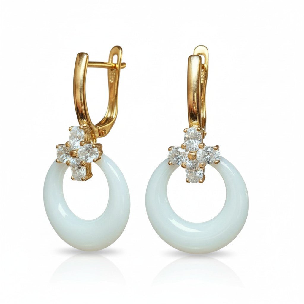  - Gold-plated earrings with white ceramics and zircons - 1