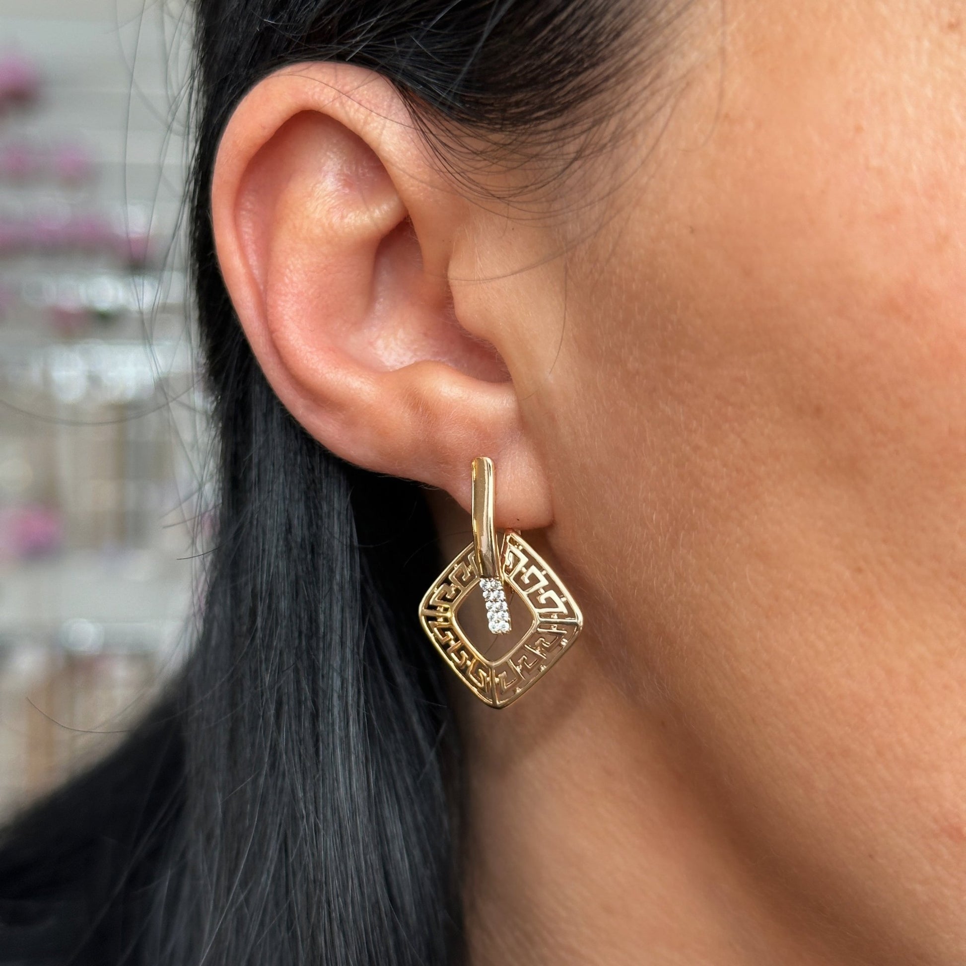 Gold-plated earrings with Greek pattern and crystals - 18k - gold-plated - jewelry