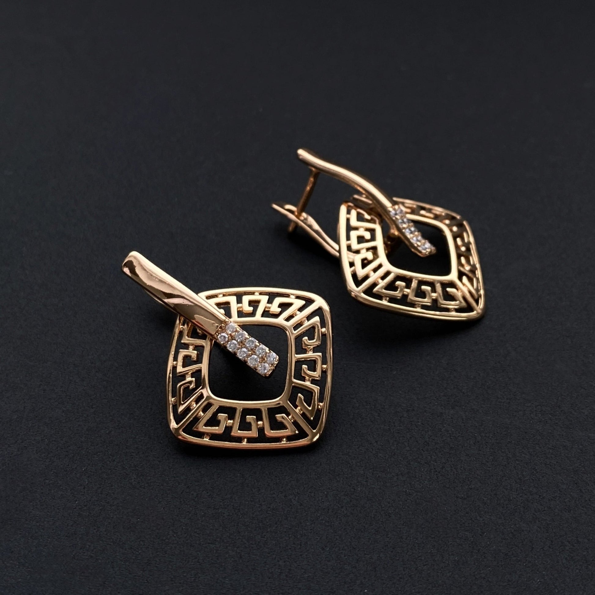 Gold-plated earrings with Greek pattern and crystals - 18k - gold-plated - jewelry