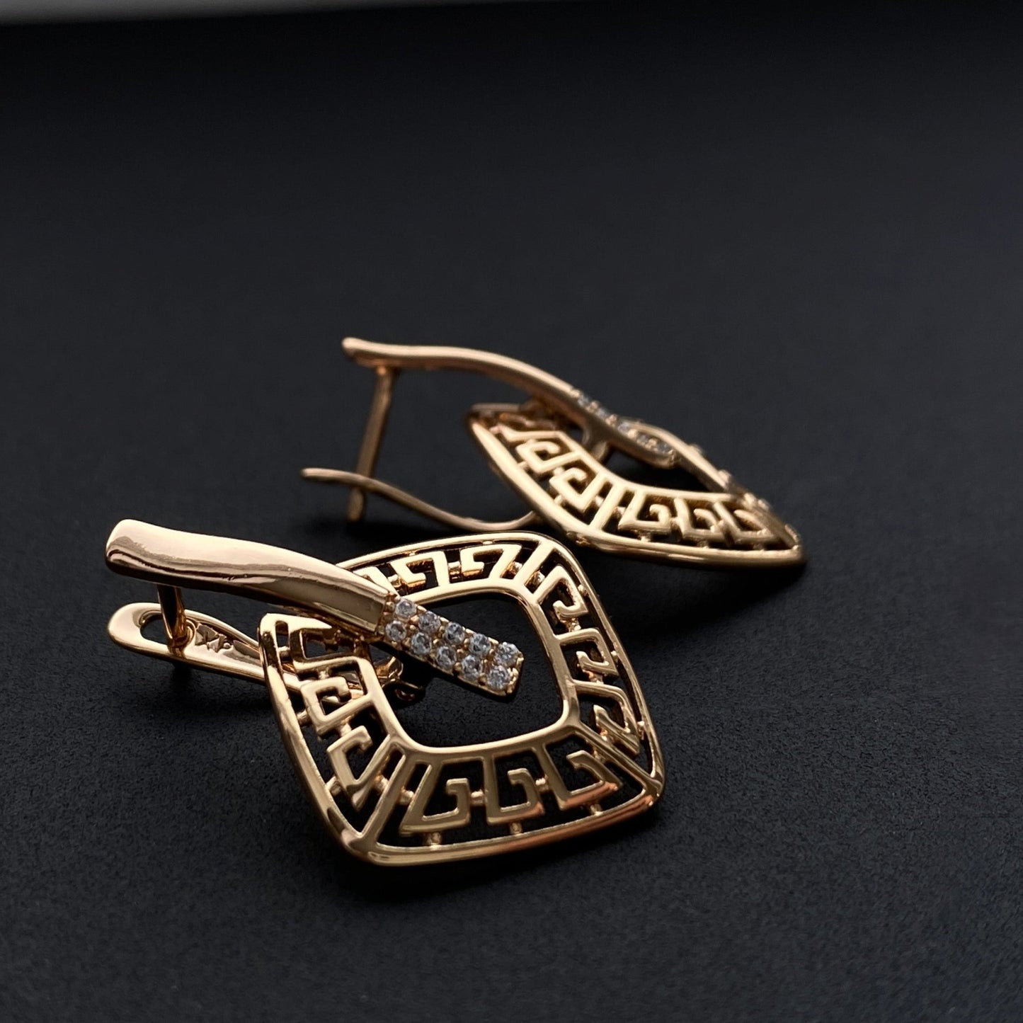 Gold-plated earrings with Greek pattern and crystals - 18k - gold-plated - jewelry