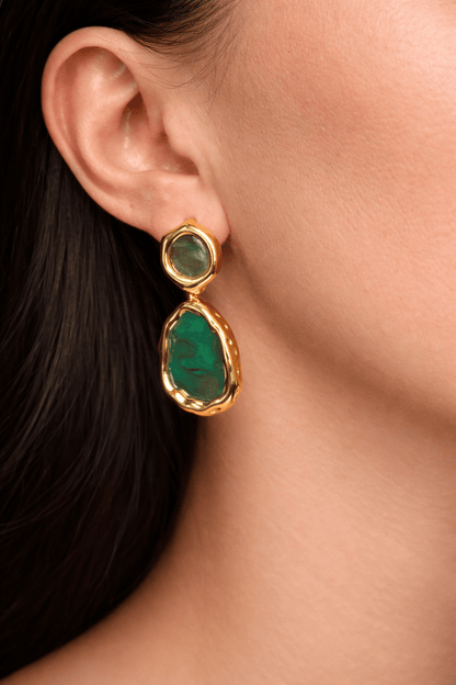 Gold-plated stud earrings with green marble accent - 18k - gold-plated - jewelry