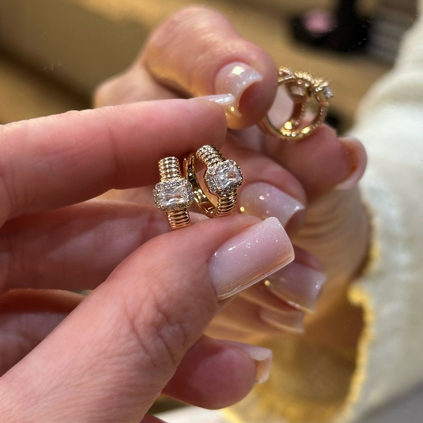 Gold-plated hoop earrings with rectangular zirconia