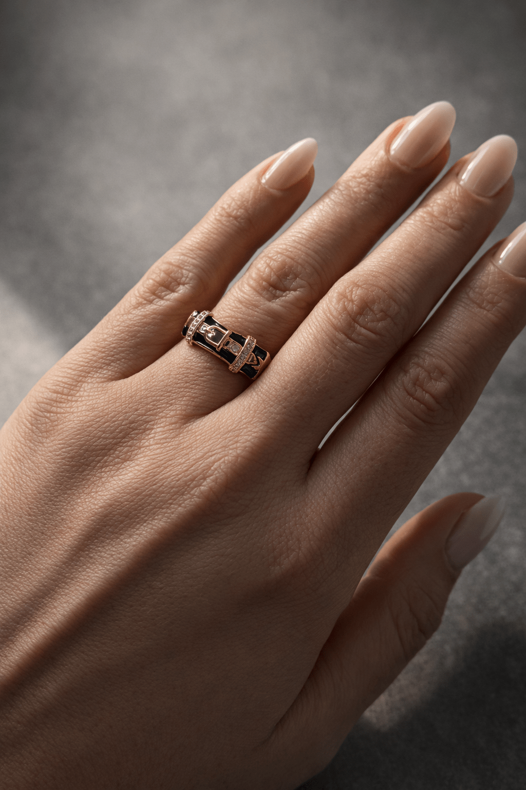 Gold Plated Ring with Black Enamel and Buckle Design - 18k - Gold Plated - Jewelry