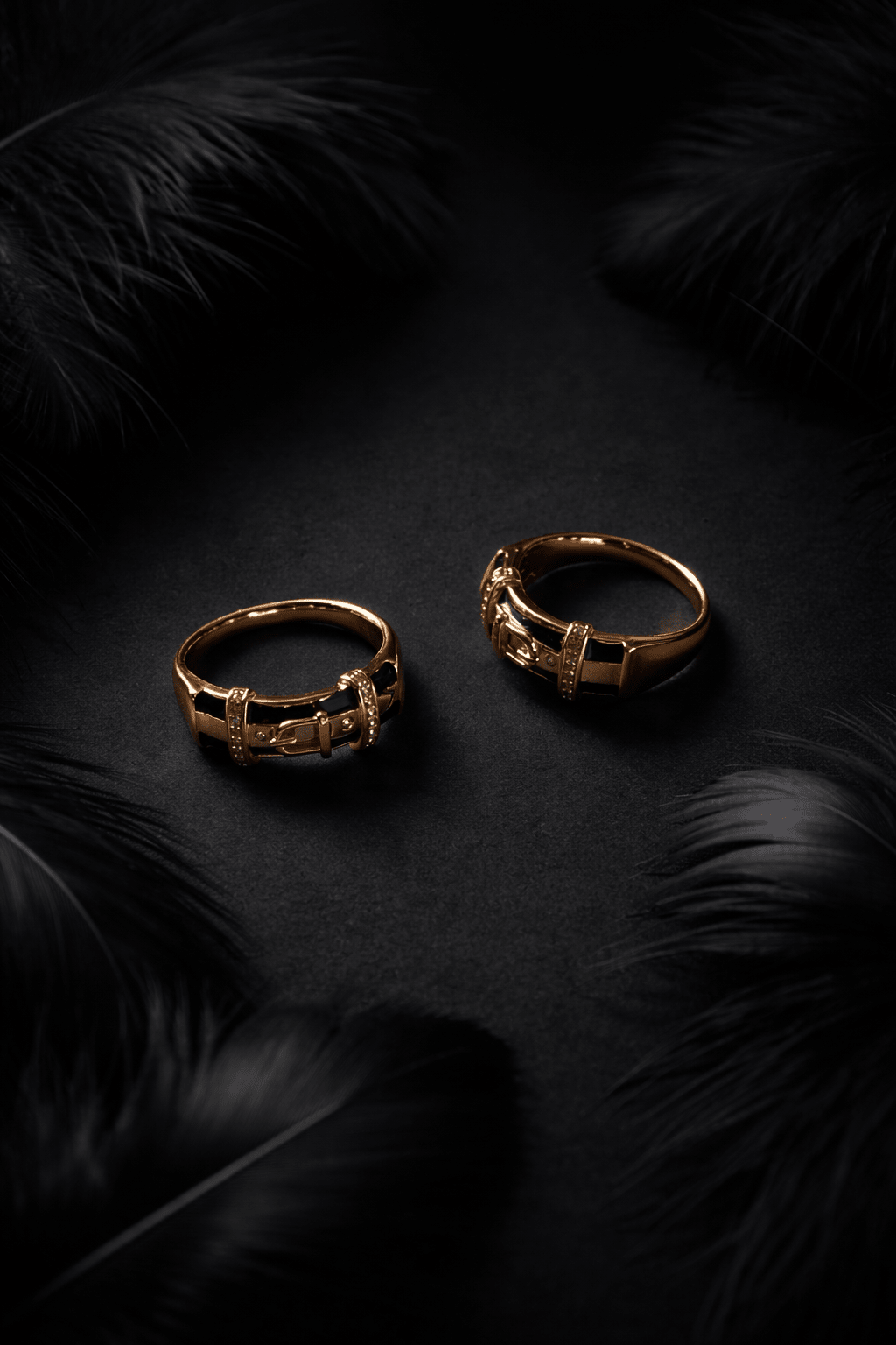Gold Plated Ring with Black Enamel and Buckle Design - 18k - Gold Plated - Jewelry