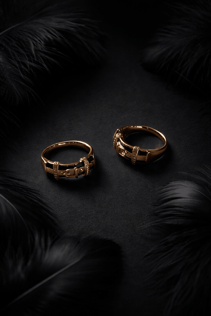 Gold Plated Ring with Black Enamel and Buckle Design - 18k - Gold Plated - Jewelry
