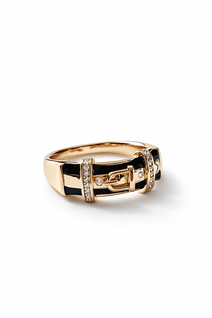 Gold Plated Ring with Black Enamel and Buckle Design - 18k - Gold Plated - Jewelry