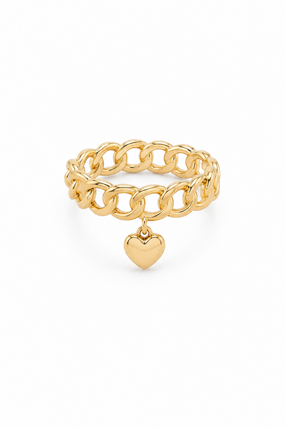 Chain ring with a heart charm on a white background