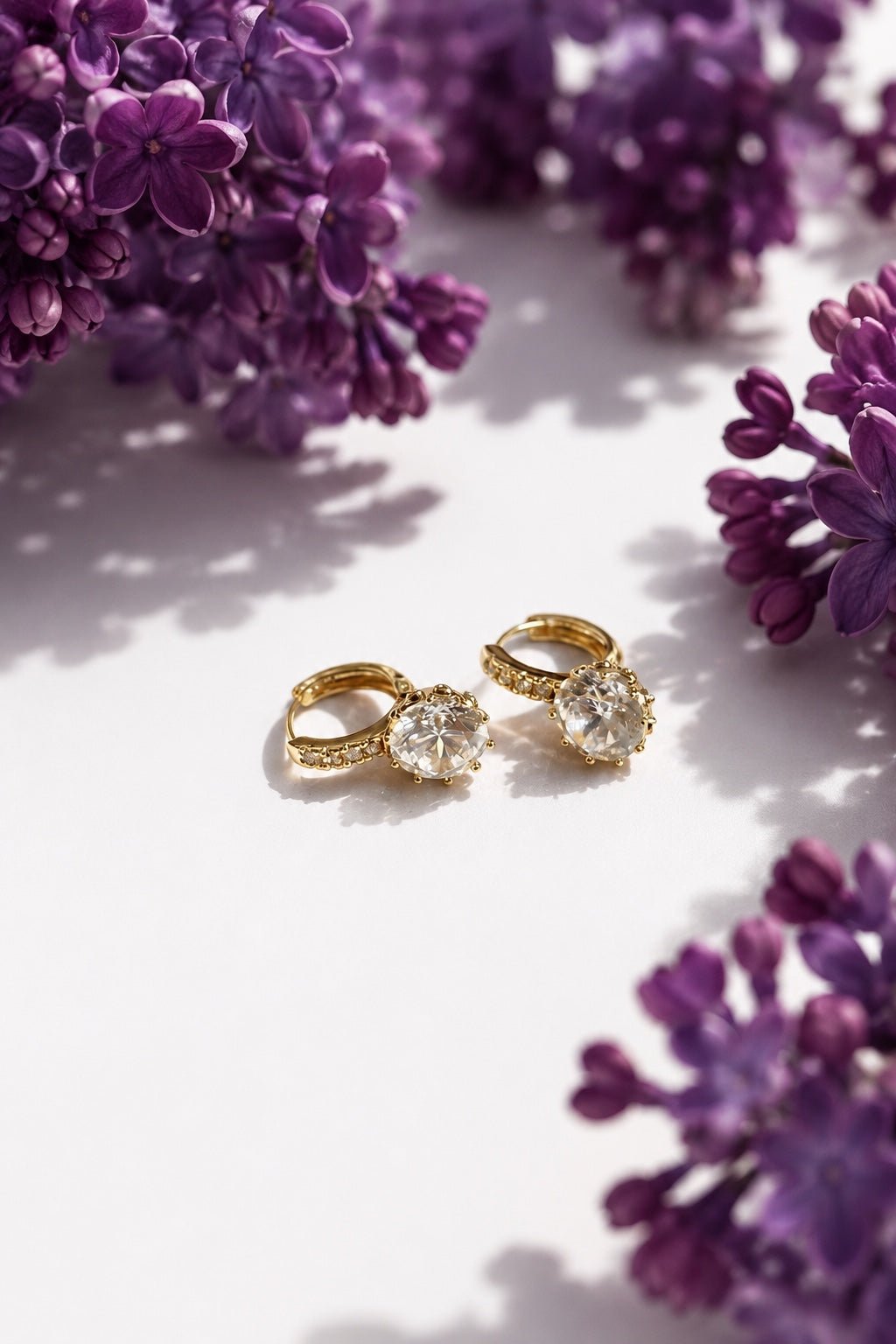 Dita - 18k gold-plated hoop earrings with large round cubic zirconia on violet lilac