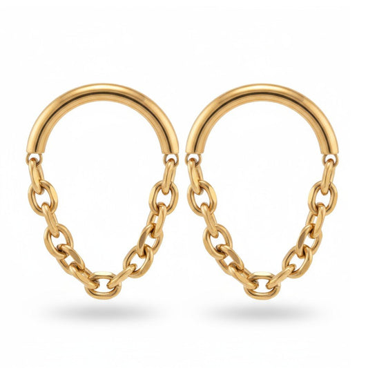 Golden Chain – Gold Plated Large Stud Earrings with Chain – Gold Plated Jewelry | Your jewelry