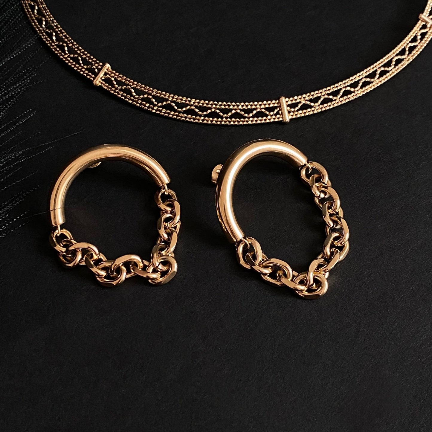 Golden Chain – Gold Plated Large Stud Earrings with Chain – Gold Plated Jewelry | Your jewelry