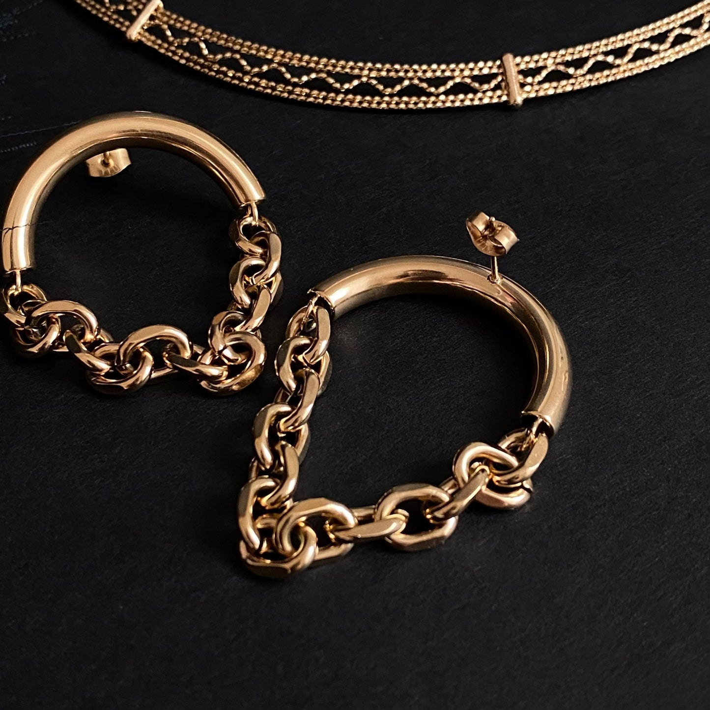 Golden Chain – Gold Plated Large Stud Earrings with Chain – Gold Plated Jewelry | Your jewelry