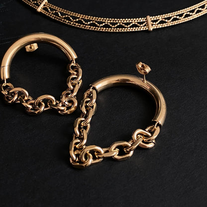 Golden Chain – Gold Plated Large Stud Earrings with Chain – Gold Plated Jewelry | Your jewelry