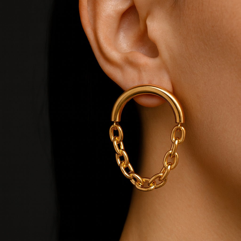 Golden Chain – Gold Plated Large Stud Earrings with Chain – Gold Plated Jewelry | Your jewelry