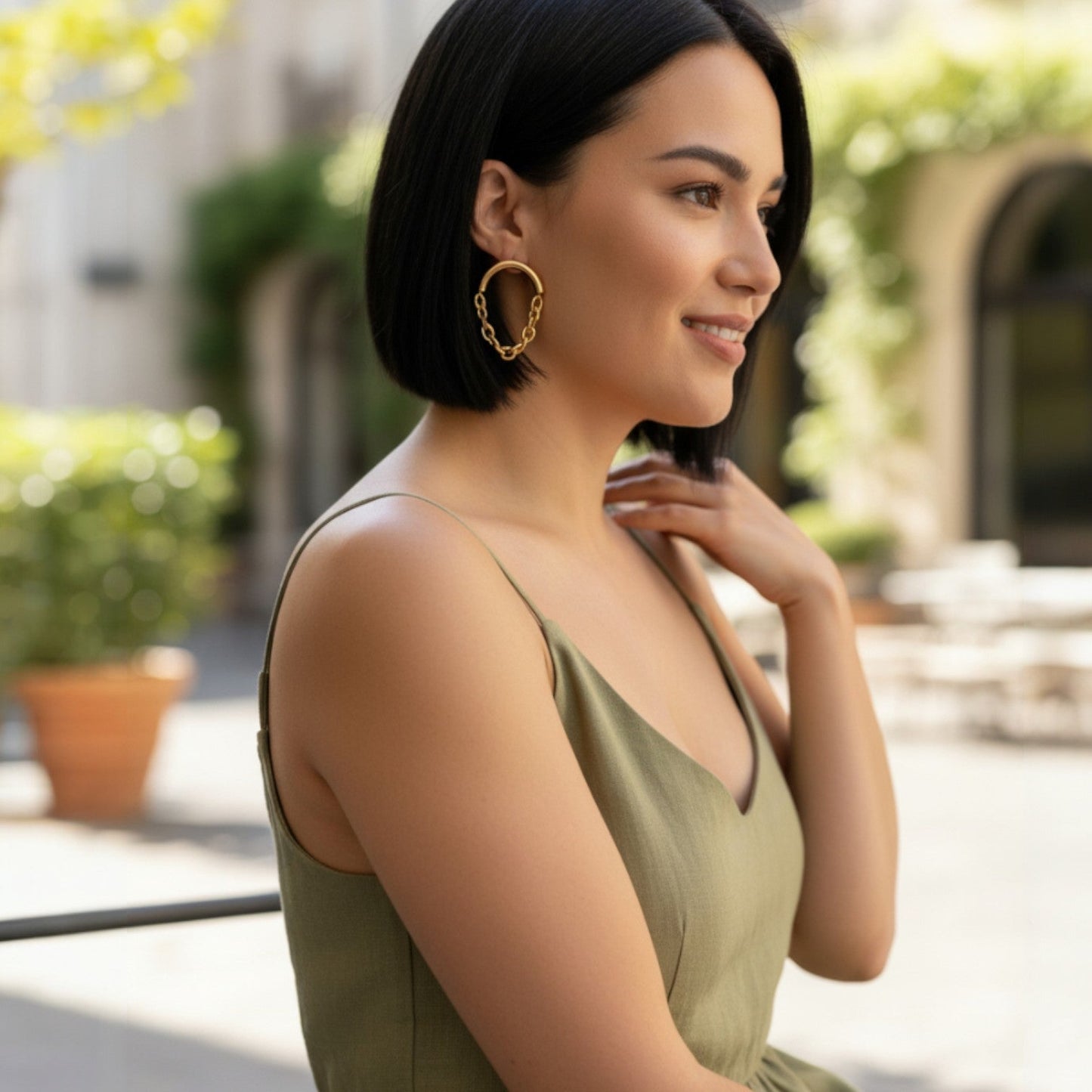 Golden Chain – Gold Plated Large Stud Earrings with Chain – Gold Plated Jewelry | Your jewelry
