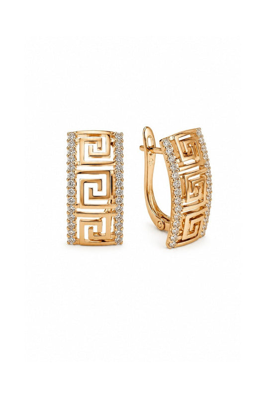 Greta - 18k gold plated earrings with Greek pattern and cubic zirconia gold plated jewelry for women