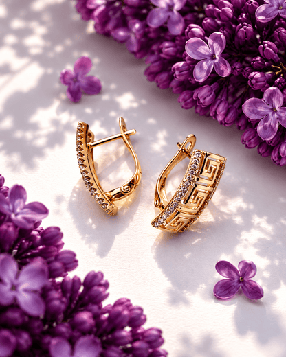 Greta - 18k gold plated earrings with Greek pattern and cubic zirconia gold plated jewelry for women