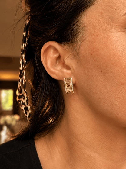 Greta - 18k gold plated earrings with Greek pattern and cubic zirconia gold plated jewelry for women