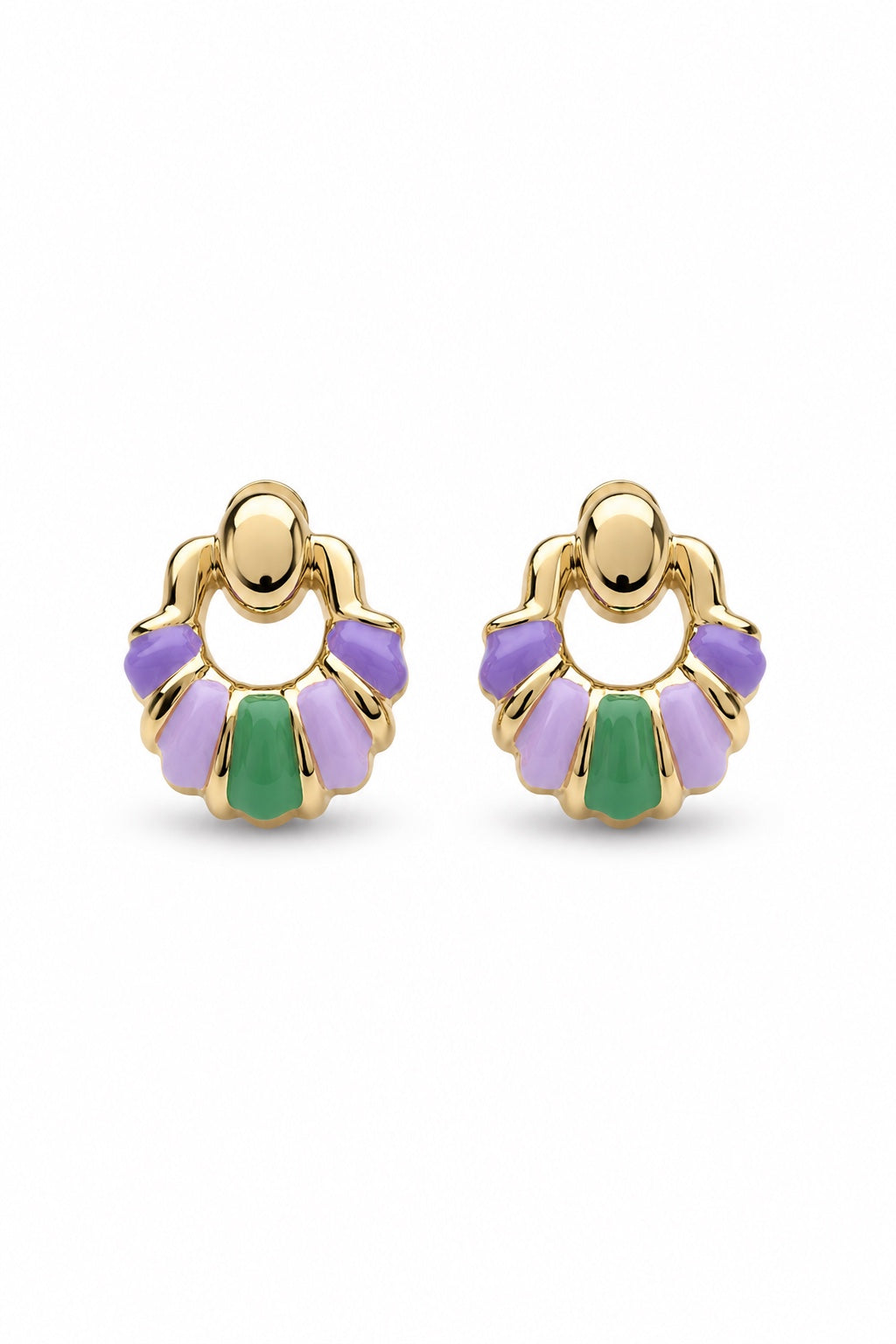Isla 18k gold plated lightweight stud earrings with colored enamel accents on a white background