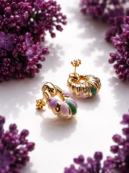 Isla 18k gold plated lightweight stud earrings with colored enamel accents on lilac