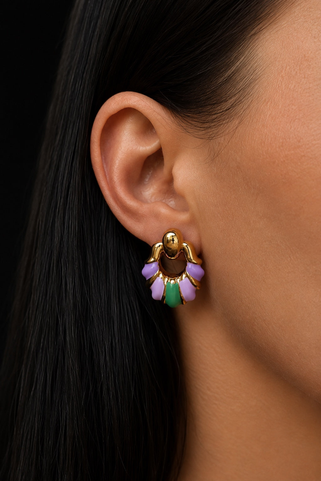 Isla 18k gold plated lightweight stud earrings with colorful enamel accents on the ear
