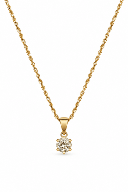 Classic 18K gold-plated necklace with round zirconia pendant on a white background