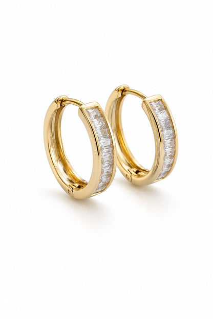 Marta 18k gold-plated anti-allergic hoop earrings with square cubic zirconias on a white background