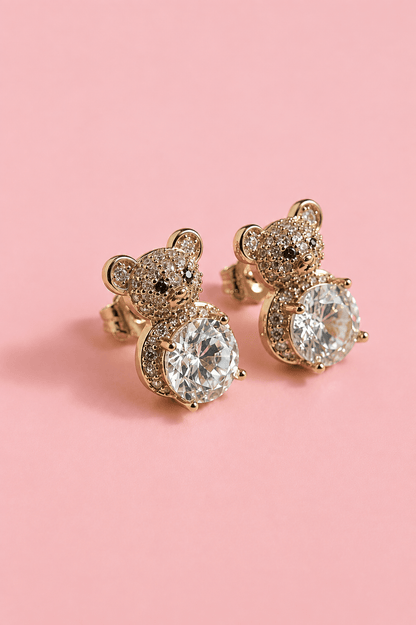 Stud earrings with teddy bear and large zirconia