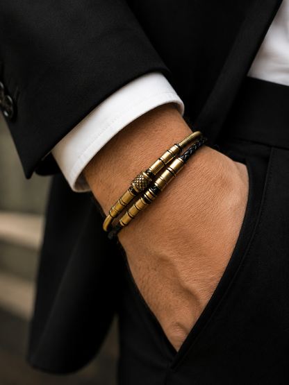 Men's stainless steel bracelets in black and gold tone on the hand
